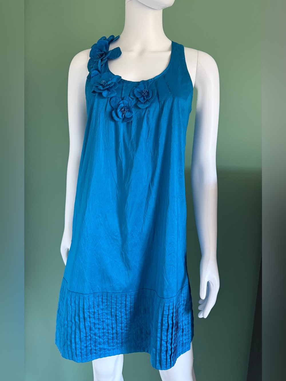 Vintage Calypso St. Barth Silk Crinkle Rosette Dress In Teal Blue